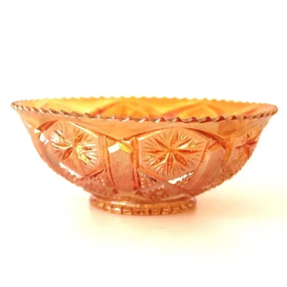 Vintage Antique MCM Orange Carnival Glass Marigold Etched Decorative Food Bowl